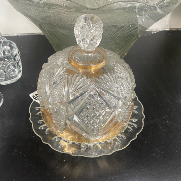 Vintage Cut Glass Gold & Clear Glass Dome Butter Dish - Picture 1 of 6